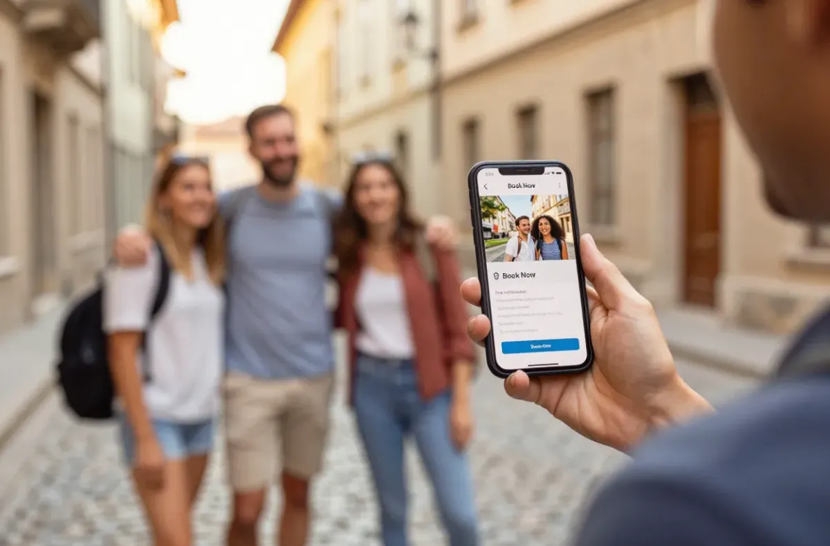 Tour guide showing a mobile tour booking page to a group of travelers
